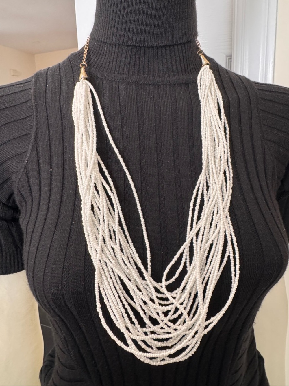 Necklace 20 strand  white small glass seed beads boho style adjustable